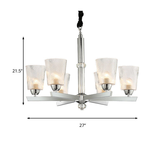 Modern Ribbed Glass Chandelier Pendant - Chrome Finish, 6 Lights for Living Room Ceiling