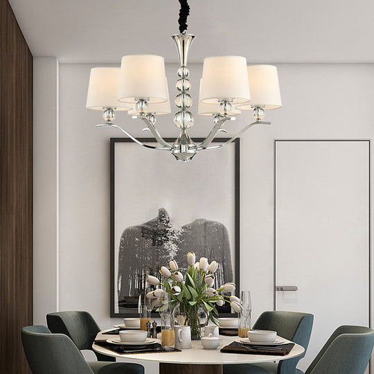 Modern 6-Head Dining Room Ceiling Lamp: Chic Fabric Shade With Chrome Cone Chandelier Light