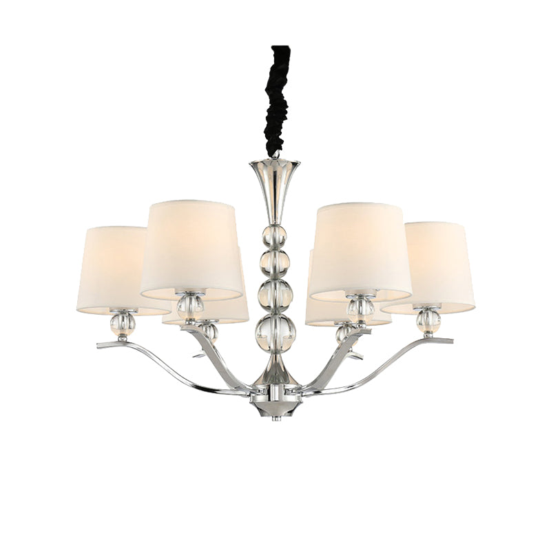 Modern 6-Head Dining Room Ceiling Lamp: Chic Fabric Shade With Chrome Cone Chandelier Light