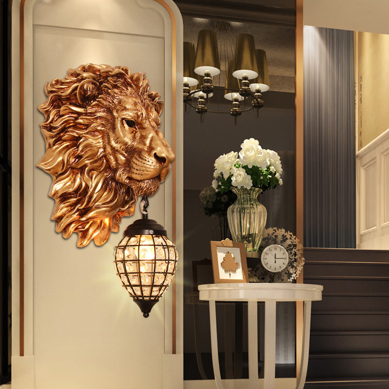 Country Style Resin Lion Wall Sconce: 1 Light Brown Lamp With Crystal Shade