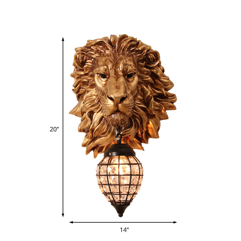 Country Style Resin Lion Wall Sconce: 1 Light Brown Lamp With Crystal Shade