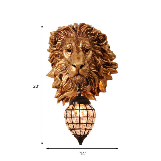 Country Style Resin Lion Wall Sconce: 1 Light Brown Lamp With Crystal Shade