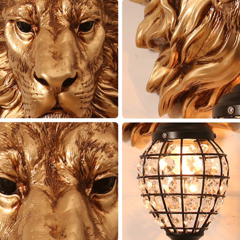 Country Style Resin Lion Wall Sconce: 1 Light Brown Lamp With Crystal Shade