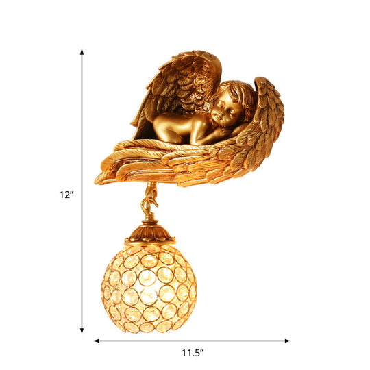 Gold Resin Angel Wall Sconce Light With Clear Crystal Dome Shade - Loft Style 1-Light Lighting