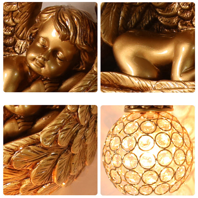 Gold Resin Angel Wall Sconce Light With Clear Crystal Dome Shade - Loft Style 1-Light Lighting