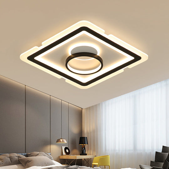 Contemporary Acrylic Square Ceiling Lighting - LED Flush Mount Light for Bedroom - Black/White - 16"/19.5