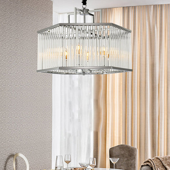 Lustre suspendu hexagonal en verre transparent moderne - Luminaire suspendu chromé à 6 ampoules