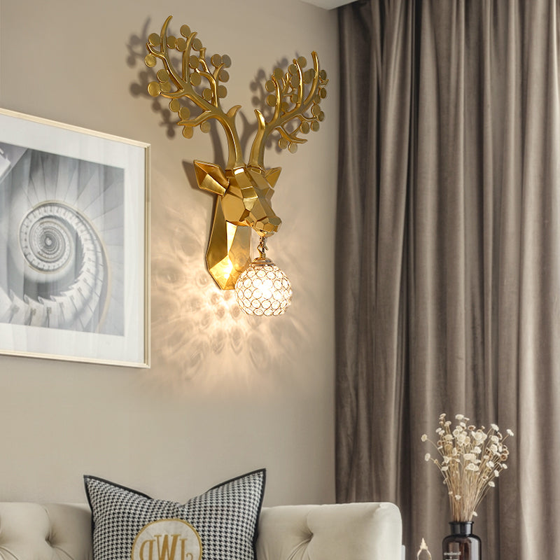 Golden Elk Sconce: Lodge Style Resin Wall Lamp With Crystal Shade 1 Light 15/22.5 W - Ideal For