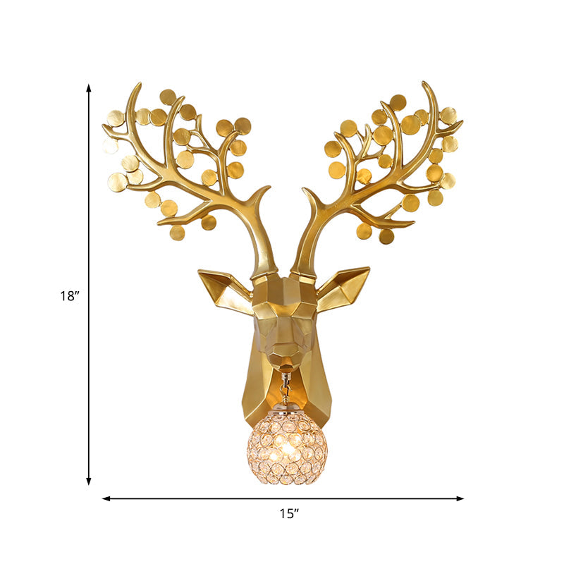 Golden Elk Sconce: Lodge Style Resin Wall Lamp With Crystal Shade 1 Light 15/22.5 W - Ideal For