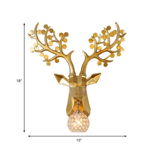 Golden Elk Sconce: Lodge Style Resin Wall Lamp With Crystal Shade 1 Light 15/22.5 W - Ideal For