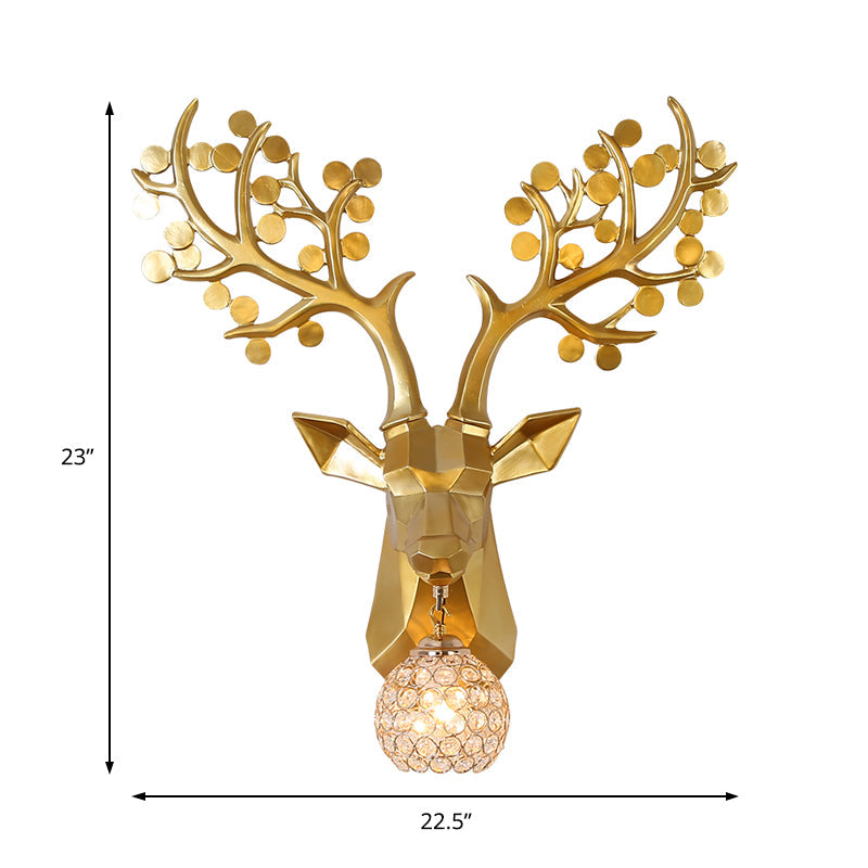 Golden Elk Sconce: Lodge Style Resin Wall Lamp With Crystal Shade 1 Light 15/22.5 W - Ideal For