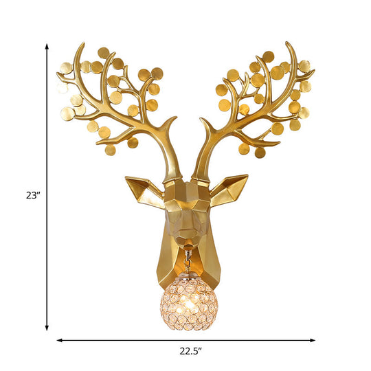 Golden Elk Sconce: Lodge Style Resin Wall Lamp With Crystal Shade 1 Light 15/22.5 W - Ideal For