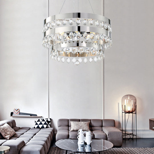 Contemporary Silver Chandelier Pendant - Crystal Multi-Layer Suspension Lamp 5 Lights Ideal For