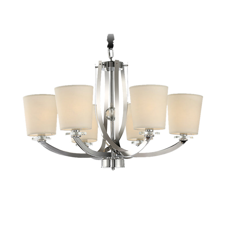 Silver Cylinder Chandelier - Elegant 6-Light Iron Pendant Fixture With Fabric Shade