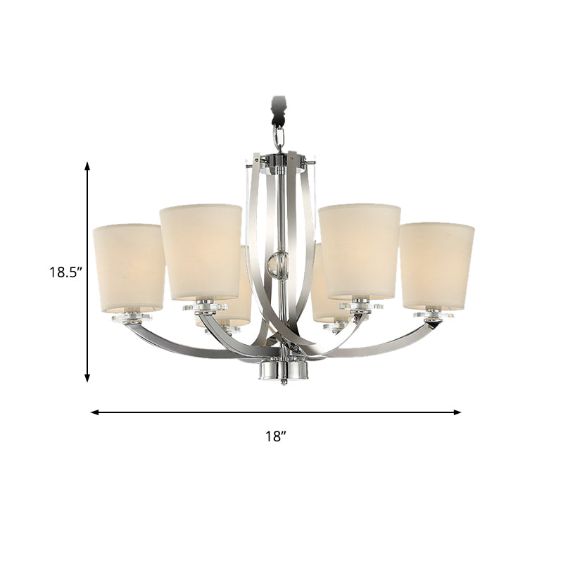 6-Light Silver Cylinder Chandelier with Fabric Shade - Simple Iron Pendant Lighting Fixture