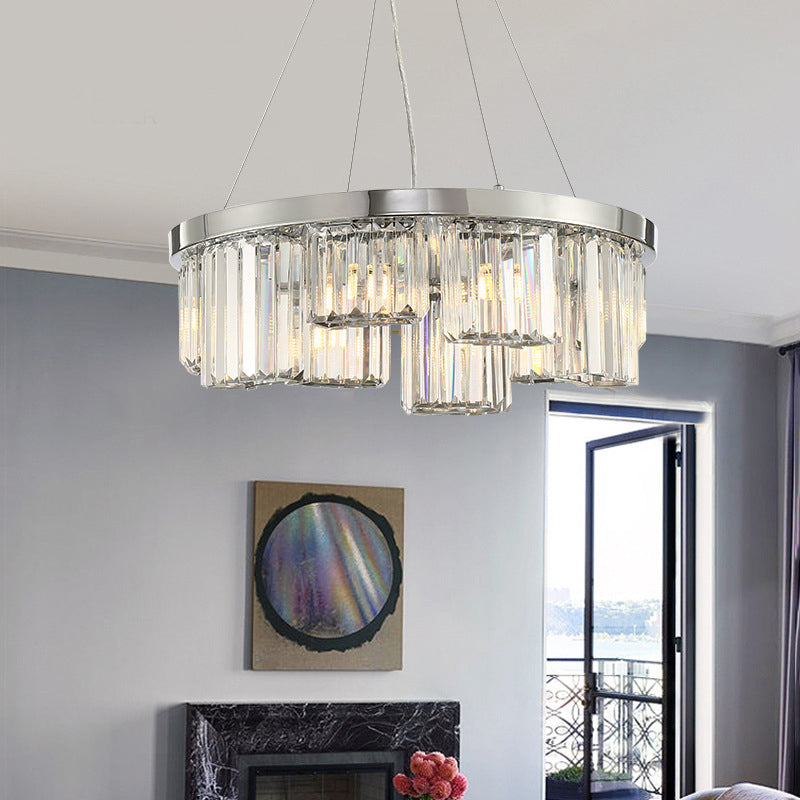 Lustre rond en cristal avec 10 lumières - Suspension chromée élégante pour plafond de salon