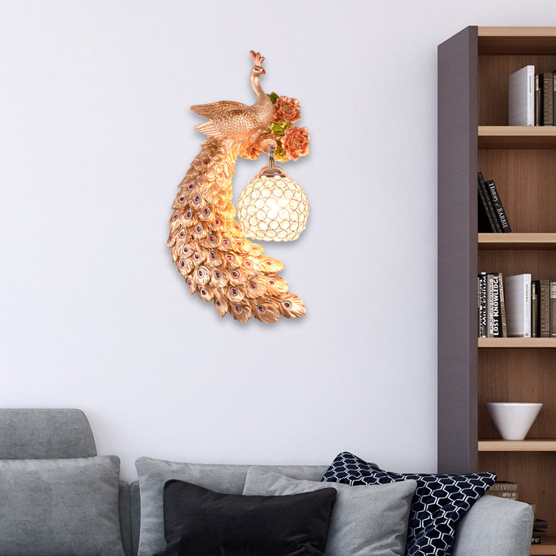 Peacock Wall Sconce - Loft Style Metal 8/10 With Dome Crystal Shade In White/Gold Double/Right/Left