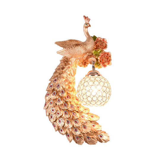 Peacock Wall Sconce - Loft Style Metal 8/10 With Dome Crystal Shade In White/Gold Double/Right/Left