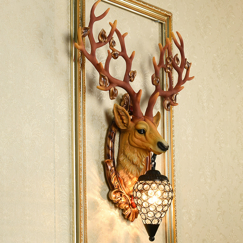 Elk Wall Mount Light: Country Style Resin Sconce With Crystal Shade For Living Room 19.5/23.5 Width