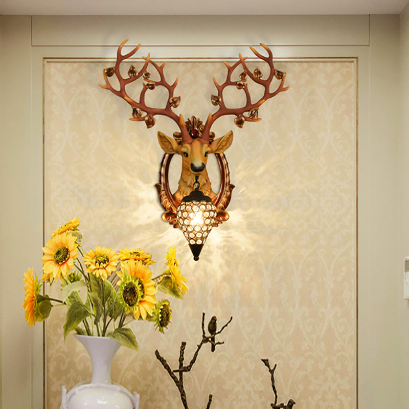 Elk Wall Mount Light: Country Style Resin Sconce With Crystal Shade For Living Room 19.5/23.5 Width