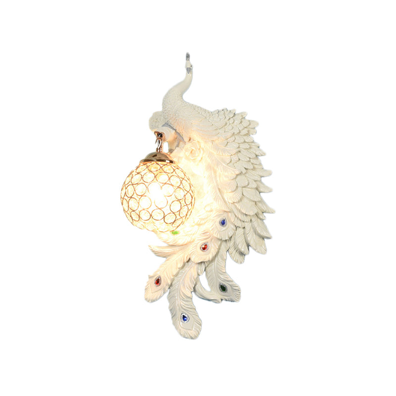 Peacock Wall Lamp: Double Headed Resin Sconce Light With Crystal Shade In White/Blue Finish 1/2-Pack