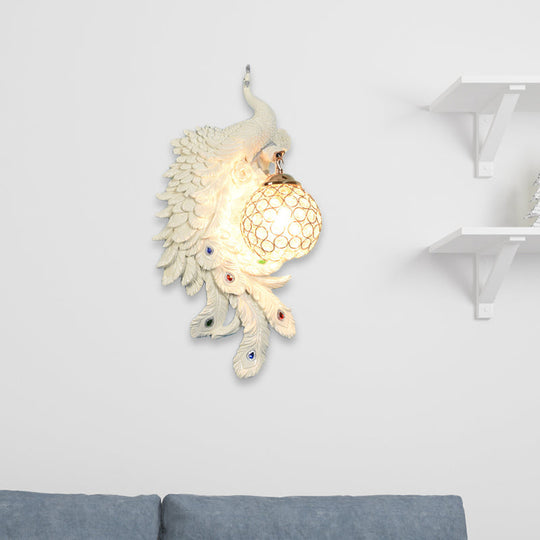 Peacock Wall Lamp: Double Headed Resin Sconce Light With Crystal Shade In White/Blue Finish 1/2-Pack