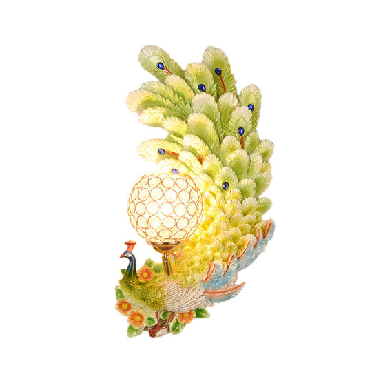 Peacock Wall Sconce With Crystal Shade - Country Resin 1-Light In Yellow/Green (1/2 Pack)