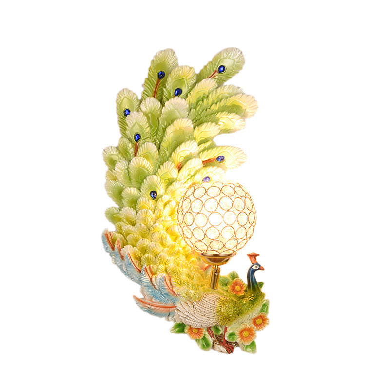 Peacock Wall Sconce With Crystal Shade - Country Resin 1-Light In Yellow/Green (1/2 Pack)