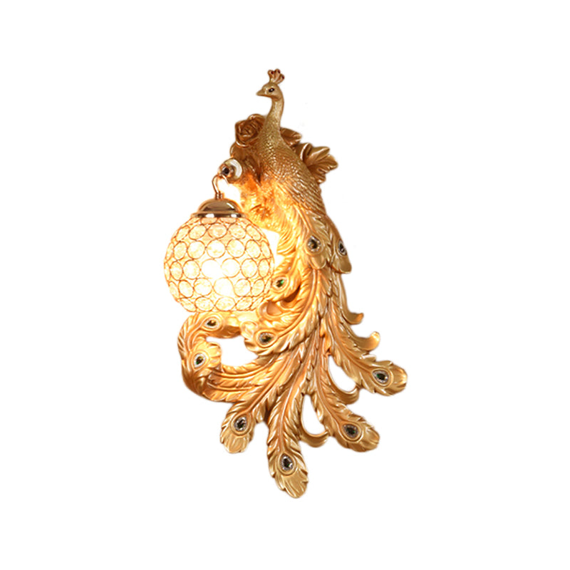 Blue/Gold Peacock Wall Lamp - Country Resin Sconce Lighting With Crystal Globe Shade (1/2-Pack)