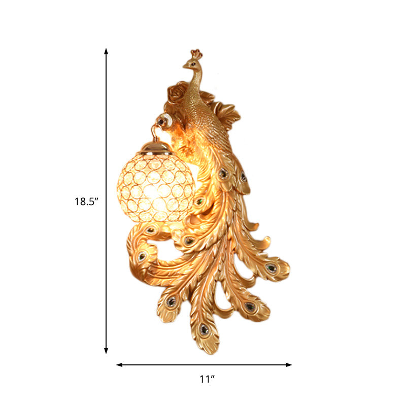 Blue/Gold Peacock Wall Lamp - Country Resin Sconce Lighting With Crystal Globe Shade (1/2-Pack)