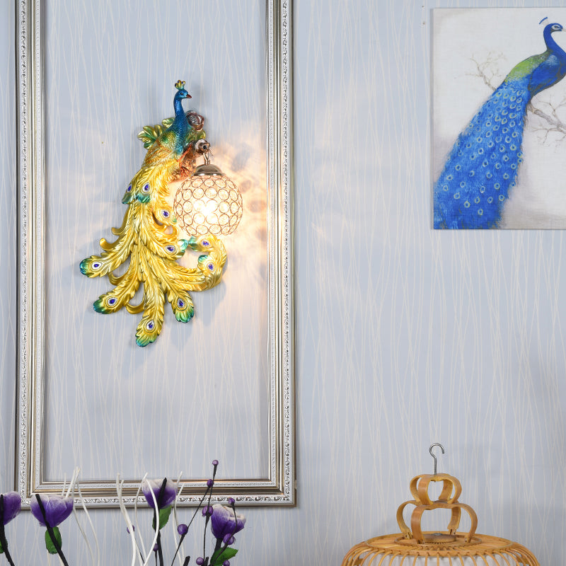 Blue/Gold Peacock Wall Lamp - Country Resin Sconce Lighting With Crystal Globe Shade (1/2-Pack)