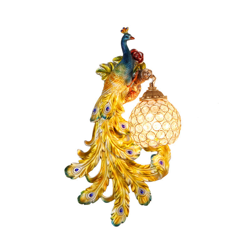 Blue/Gold Peacock Wall Lamp - Country Resin Sconce Lighting With Crystal Globe Shade (1/2-Pack)