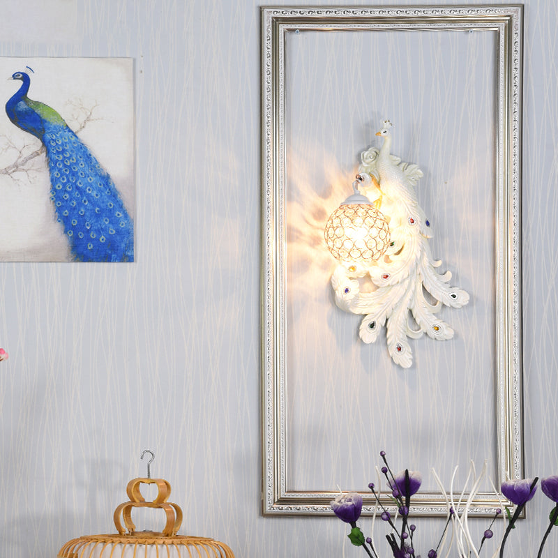 Blue/Gold Peacock Wall Lamp - Country Resin Sconce Lighting With Crystal Globe Shade (1/2-Pack)