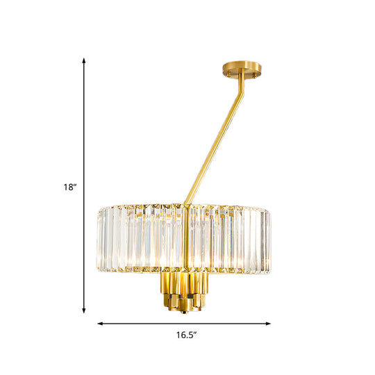 Modern Crystal Pendant Chandelier With Clear Drum Shade And Gold Finish (3/4/6 Lights)