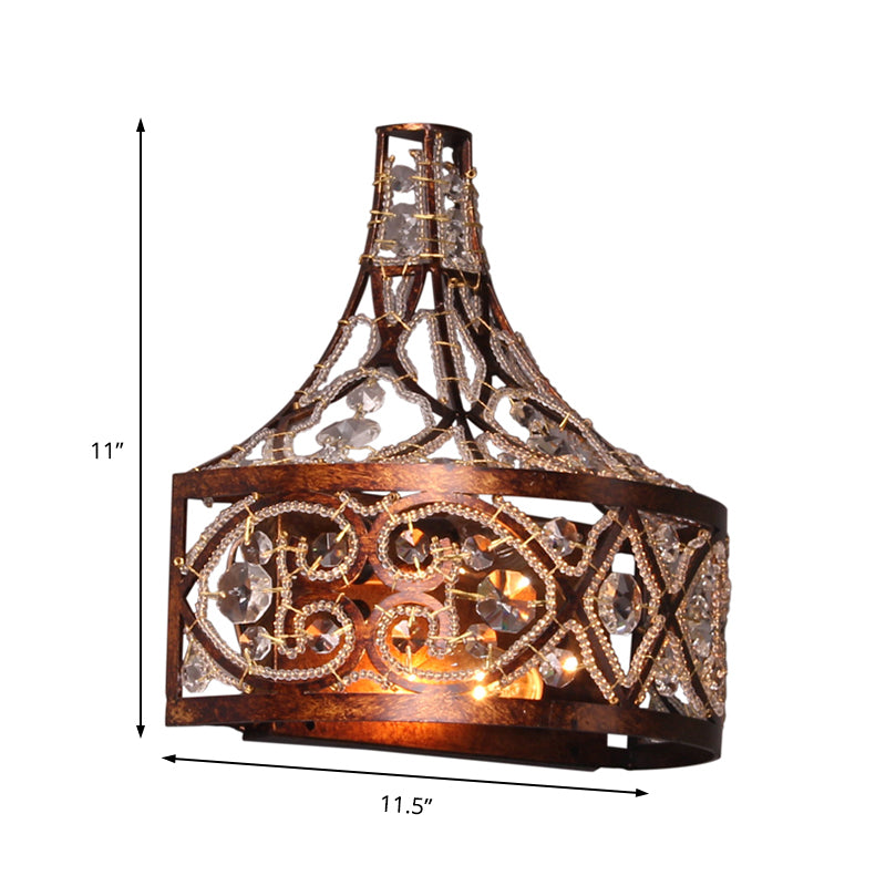 Antique Style Dark Rust Wall Lamp With Crystal Beads - 2-Light Drum Fixture For Corridor