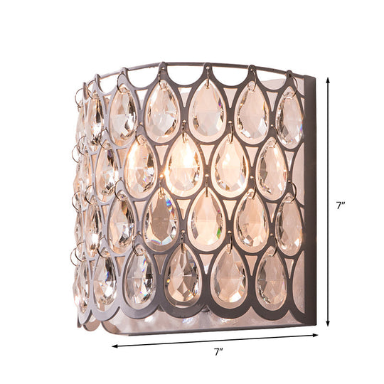 Contemporary Teardrop Crystal Wall Sconce - White Cylinder Shade Mounted Light