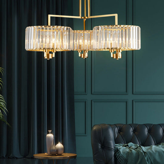 Lustre tambour contemporain en or avec cristal transparent - Suspension à 3/6/9 têtes pour salon