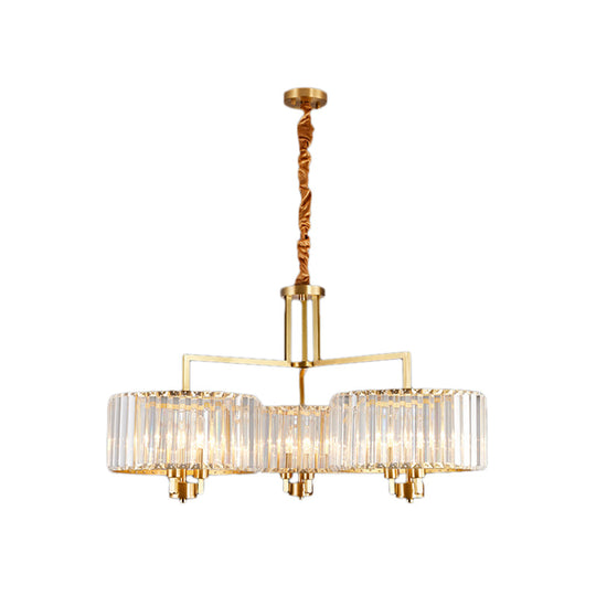 Lustre tambour contemporain en or avec cristal transparent - Suspension à 3/6/9 têtes pour salon