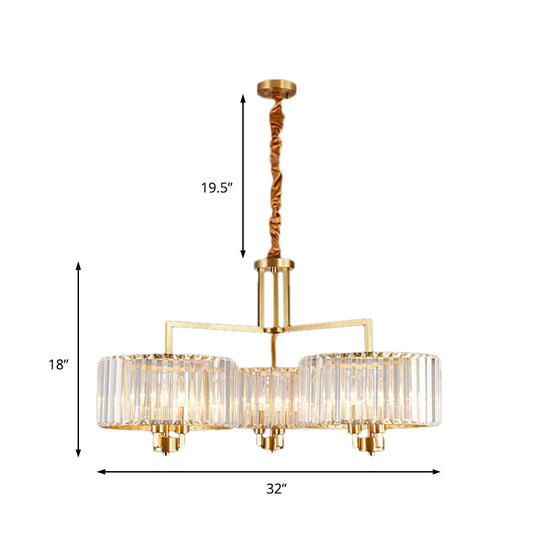 Lustre tambour contemporain en or avec cristal transparent - Suspension à 3/6/9 têtes pour salon