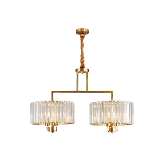 Lustre tambour contemporain en or avec cristal transparent - Suspension à 3/6/9 têtes pour salon