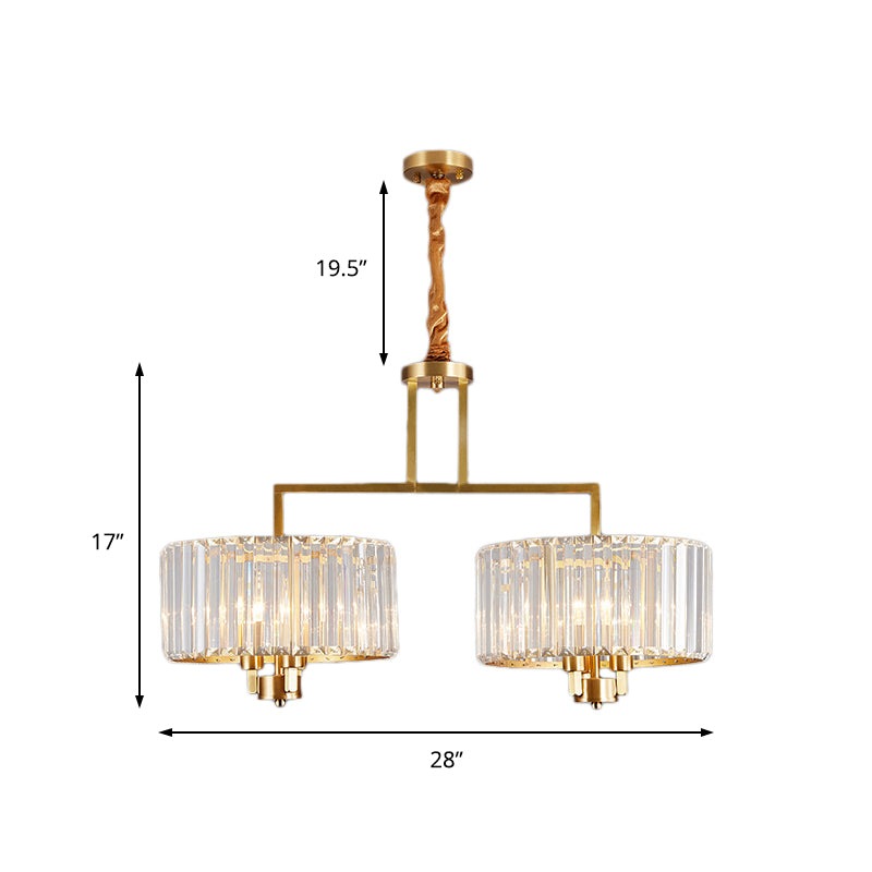 Lustre tambour contemporain en or avec cristal transparent - Suspension à 3/6/9 têtes pour salon