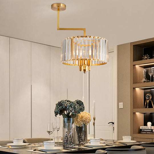 Lustre tambour contemporain en or avec cristal transparent - Suspension à 3/6/9 têtes pour salon