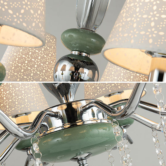 Lampe à suspension moderne en forme de cône nordique avec 8 lumières et goutte de cristal - Lustre de chambre vert