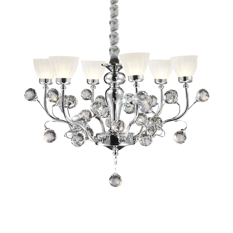 Modernist 6-Light Frosted Glass Chandelier With Crystal Ball Accent - Polished Chrome Pendant