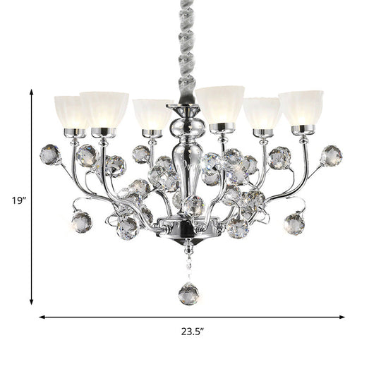 Modernist 6-Light Frosted Glass Chandelier With Crystal Ball Accent - Polished Chrome Pendant