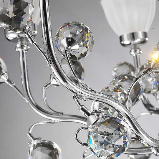 Lustre conique moderniste à 6 lumières en verre dépoli avec pendentif boule de cristal en chrome poli