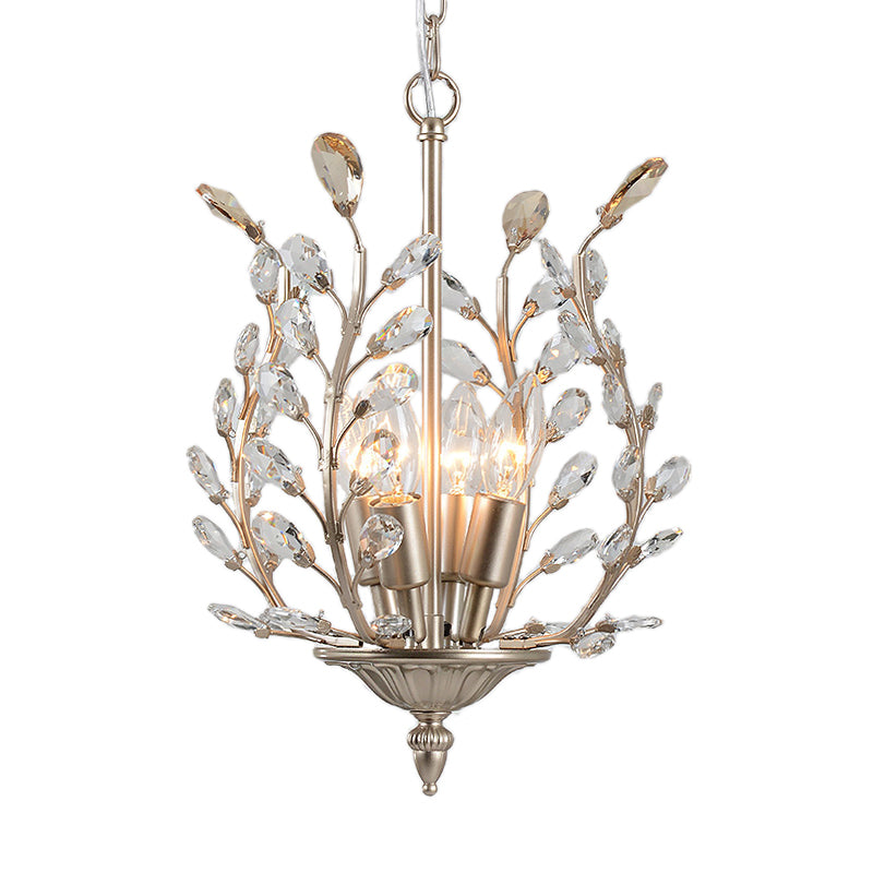 Lustre en cristal transparent vintage en forme de larme - Motif feuille, 4 lumières - Plafonnier à suspension champagne