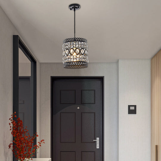 Industrial Style Black Cylinder Pendant Lamp with Clear Crystal Accent for Porch Lighting