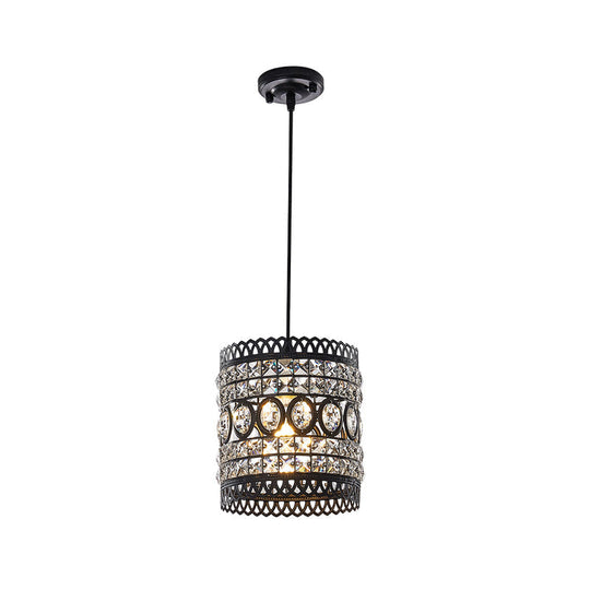 Industrial Style Black Suspension Pendant Lamp With Clear Crystal Accent For Porch