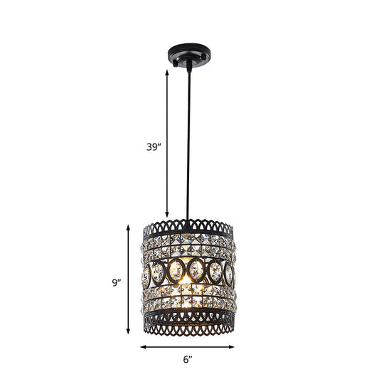 Industrial Style Black Cylinder Pendant Lamp with Clear Crystal Accent for Porch Lighting